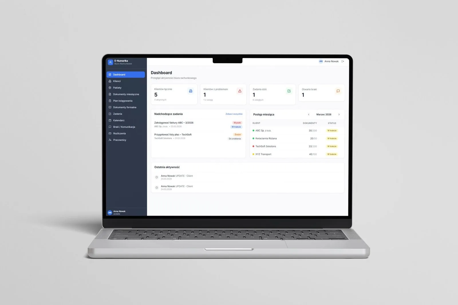 CRM E-Numerika Biuro Księgowe – systemy i aplikacje zrealizowana przez OlekCodeTech