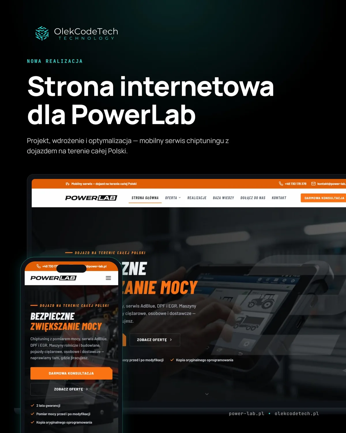PowerLAB – chiptuning i serwis AdBlue – strony internetowe zrealizowana przez OlekCodeTech